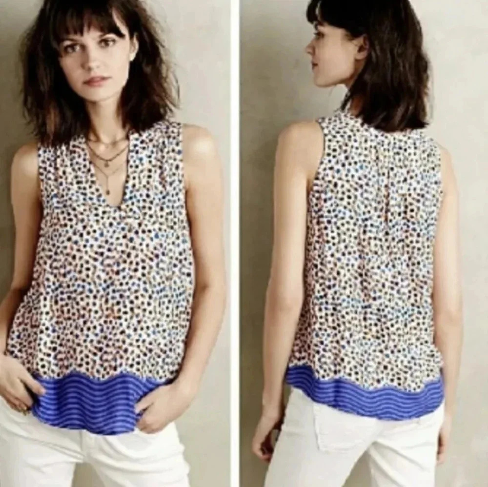 Anthropologie Maeve Emma Tank Swing‎ Top Blouse Size 6 Dots Stripes Sleeveless